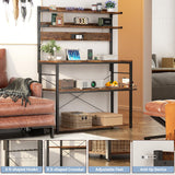 Aheaplus Bakers Rack with Power Outlet, Microwave Stand, 5 Tiers Coffee Bar Station with Led Lights, Kitchen Storage Shelf with 6 S-Shaped Hooks, Kitchen Rack Coffee Bar Stand, Rustic Brown Aheaplus