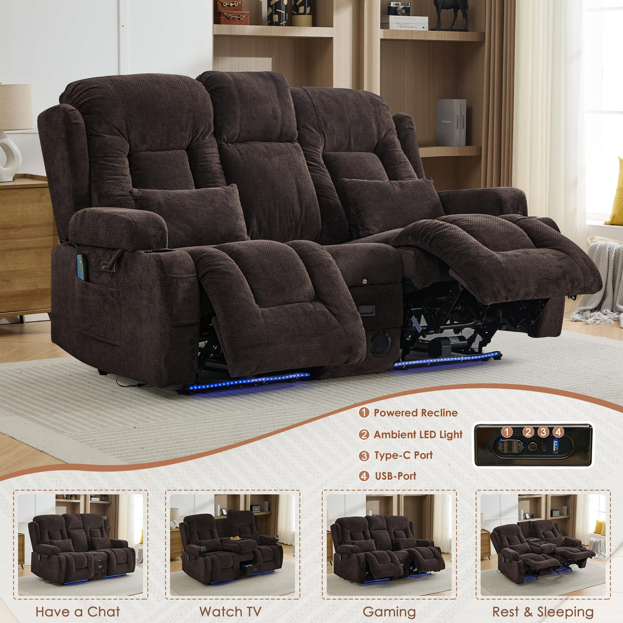 TUNYI Wall Hugger Power Loveseat Recliner - Reclining Loveseat with Console Theater Seating RV Recliner Sofa with USB/Outlet/Speaker/Cup Holder/LED Light/Storage (Beibei VelvetBrown) TUNYI