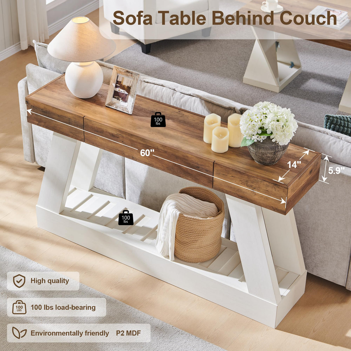 OKD 60" Farmhouse Entryway Table with Drawer, Console Table Behind Sofa, Narrow Long Entryway for Hallway, Living Room, Hallway, Behind Couch(Antique White) OKD