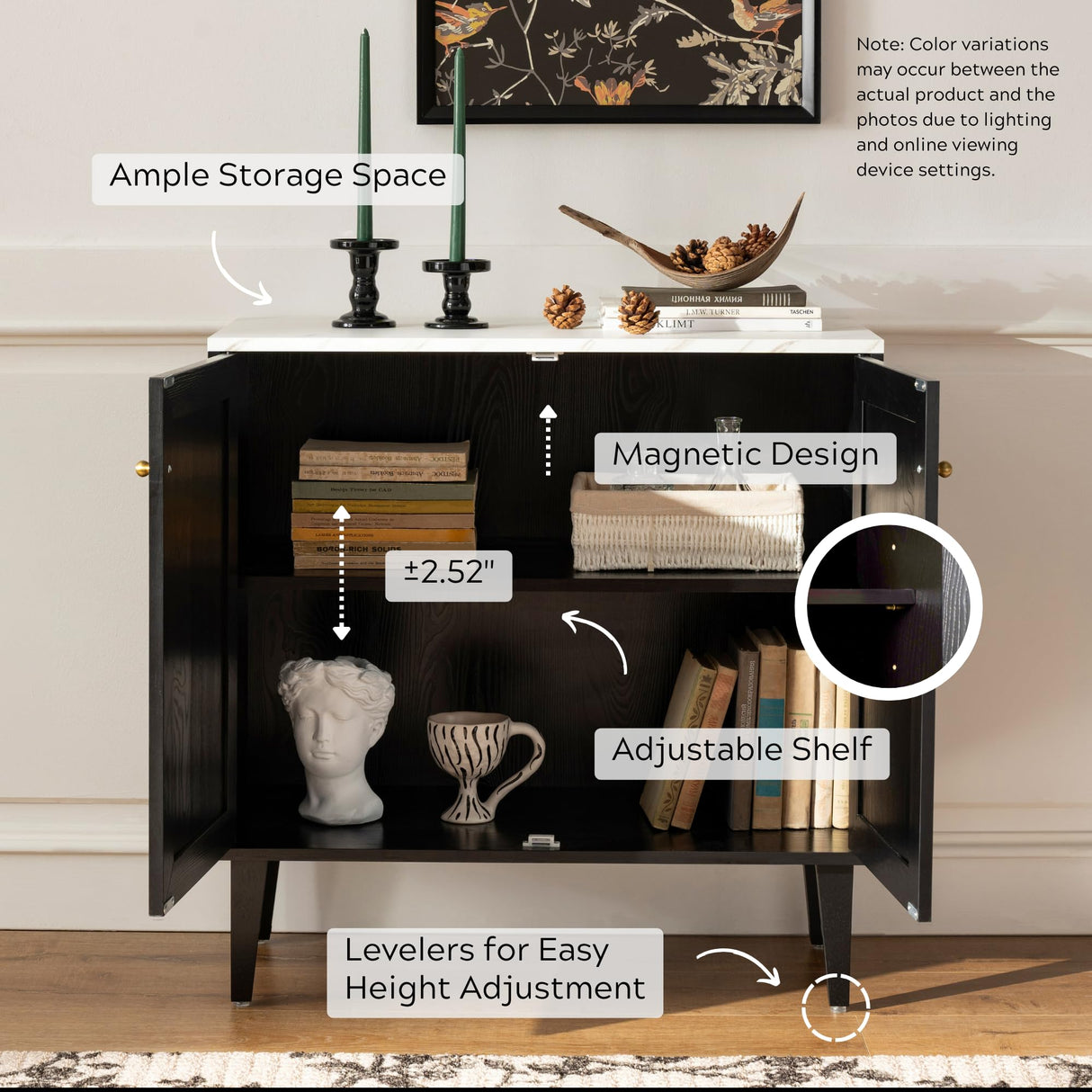 EYYTHUNG Black Storage Cabinet Set of 2, Modern Accent Cabinet with Faux Marble Top & Adjustable Shelves, Wooden Credenza, Console Table Entryway Cabinet EYYTHUNG