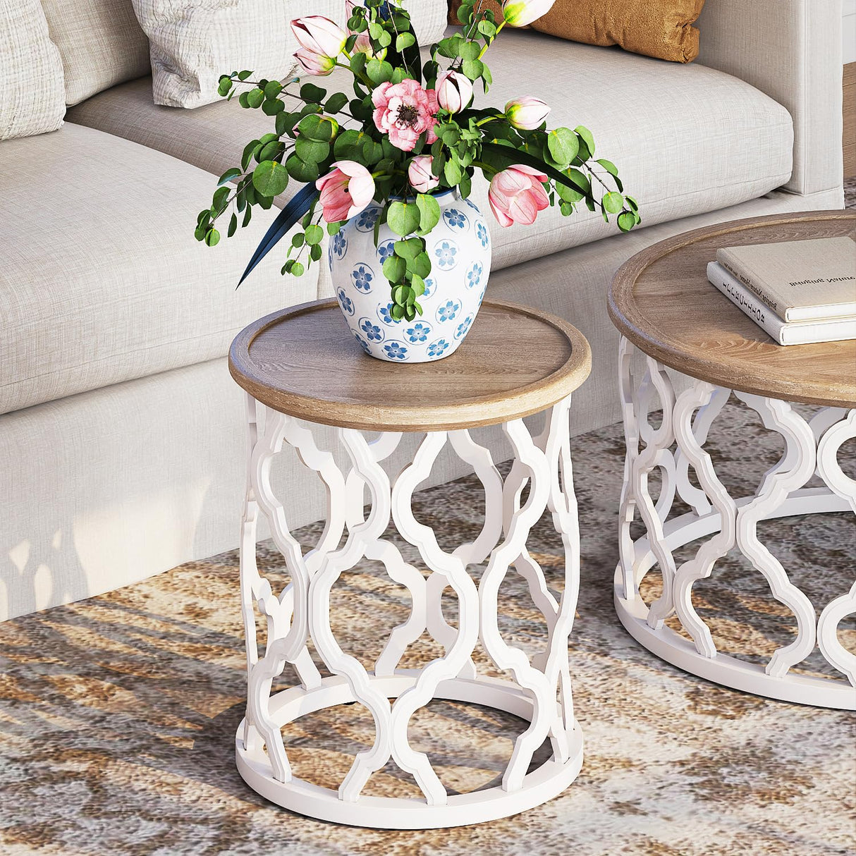 karlott Farmhouse End Table, 18.5'' French Country Round Side Table, Distressed Tray Top Side Table with Curved Motif Frame Base for Boho, End Tables Living Room, Bedroom, Small Space, Easy Assembly karlott