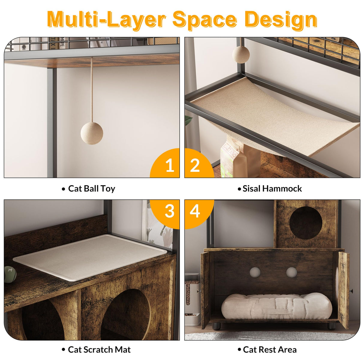 Litter Box Enclosures with Metal Frame, Indoor Tall Cat Litter Box Furniture Hidden with Storage Shelf, Retro Brown IDEALHOUSE