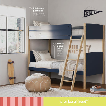 Storkcraft Next Delray Twin-Over-Twin Convertible Bunk Bed (Midnight Blue with Natural) – Modern, Stylish, 2-Tone Bunk Bed for Kids Bedroom