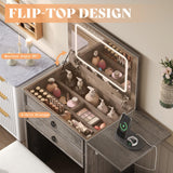 AMERLIFE 3-in-1 Makeup Vanity with Sliding Stool, Fold-up Panel, Divided Storage & Power Port, Farmhouse Makeup Table with Adjustable LED Light, for Small Space, Rustic Oak AMERLIFE