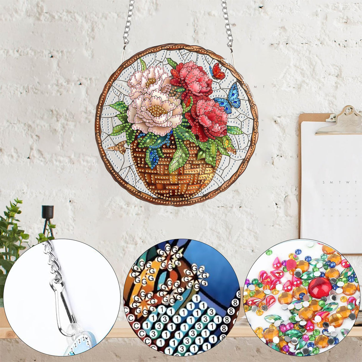 Yomiie Hanging Diamond Art Ornament Kits– DIY Double Sided Acrylic Sun Catcher with Flowers, Front Door Sign & Porch Decor, Crystal Diamond Painting Pendant for Home, Garden, Windows (8x8 inch) Yomiie