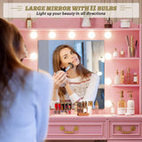 Vlsrka Vanity Desk with Large Mirror and Lights, 43.3" Makeup Vanity Desk with Charging Station and 6 Drawers, Makeup Dressing Table with Storage Stool for Bedroom (Pink) Vlsrka