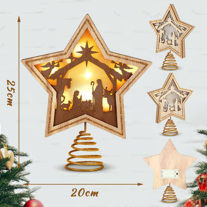 Craftsatin 9.2 x 7.8 Inch Brown Wood Christmas Tree Topper Golden Star Nativity Tree Topper Star of Bethlehem with LED Light for Christmas Party Decoration Tabletop Display Housewarming Birthday Gift