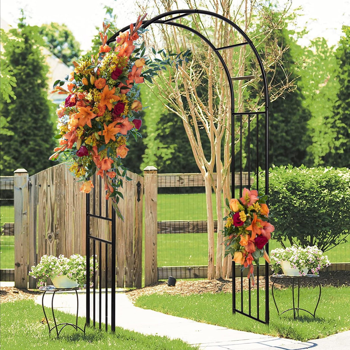 LDAILY Moccha Garden Arch Arbor Trellis, 7.2Ft Outdoor Steel Arbor with Stakes, Metal Archway for Climbing Plants, Wide Sturdy Durable Garden Arch for Lawn, Party, Ceremony Wedding Decoration, Black LDAILY