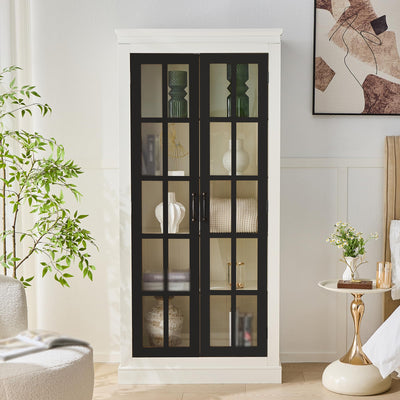 71.2" Rustic Display Cabinet, Farmhouse Pantry Stoage Cabinet with Glass Doors & Lattice Window, Tall Wooden Curio Cabinet with Adjustable Shelves for Hallway Living Room Kitchen Office, White+Balck
