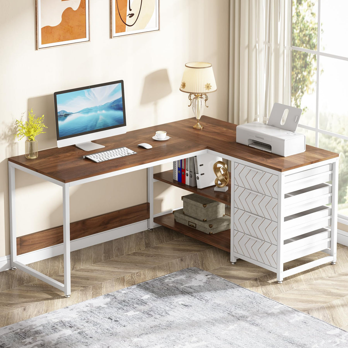 Tribesigns L Shaped Computer Desk with Storage Drawers, 59 inch Corner Desk with Shelves, Reversible L-Shaped Office Desk Study Writing Table Workstation for Home Office, Walnut & White Tribesigns