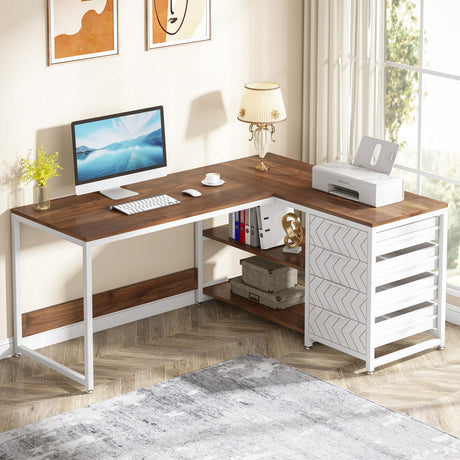 Tribesigns L Shaped Computer Desk with Storage Drawers, 59 inch Corner Desk with Shelves, Reversible L-Shaped Office Desk Study Writing Table Workstation for Home Office, Walnut & White Tribesigns