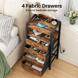 Kitstorack Night Stand with Charger Station and LED Light Rustic Brown Nightstand with Drawers Bedside Table Tall Nightstand 4 Fabric Drawers Kitstorack