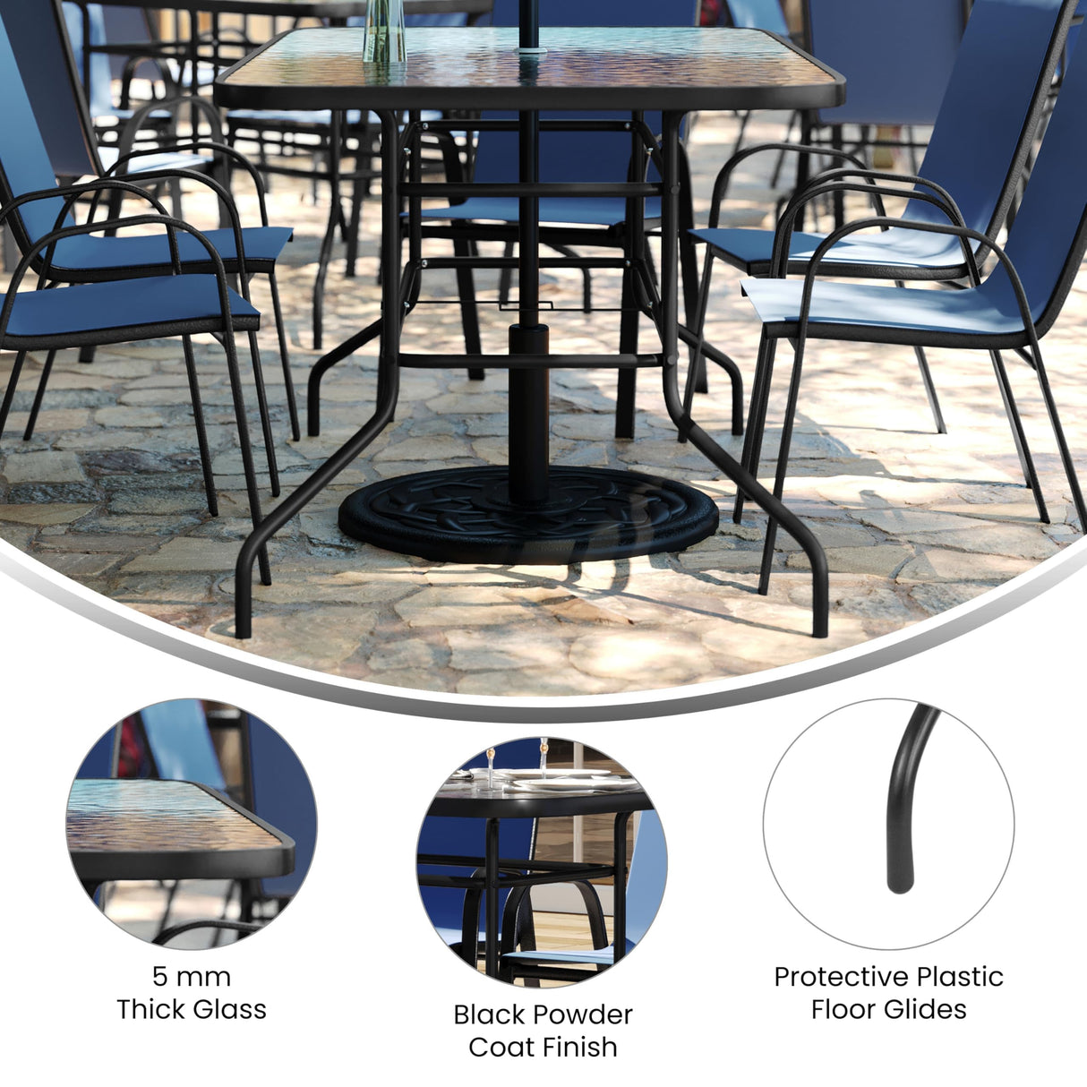 Flash Furniture Brazos 7 Piece Outdoor Patio Dining Set - 6 Navy Flex Comfort Stack Chairs - 55" Tempered Glass Patio Table with Umbrella Hole Flash Furniture