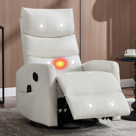 Manual Swivel Rocker Recliner Chair for Adults, Overstuffed Reclining Glider Chair for Nursing with Vibration Massage & Heat, Living Room Rocking Recliner 3-Stage backrest, Faux Leather White EZZUP
