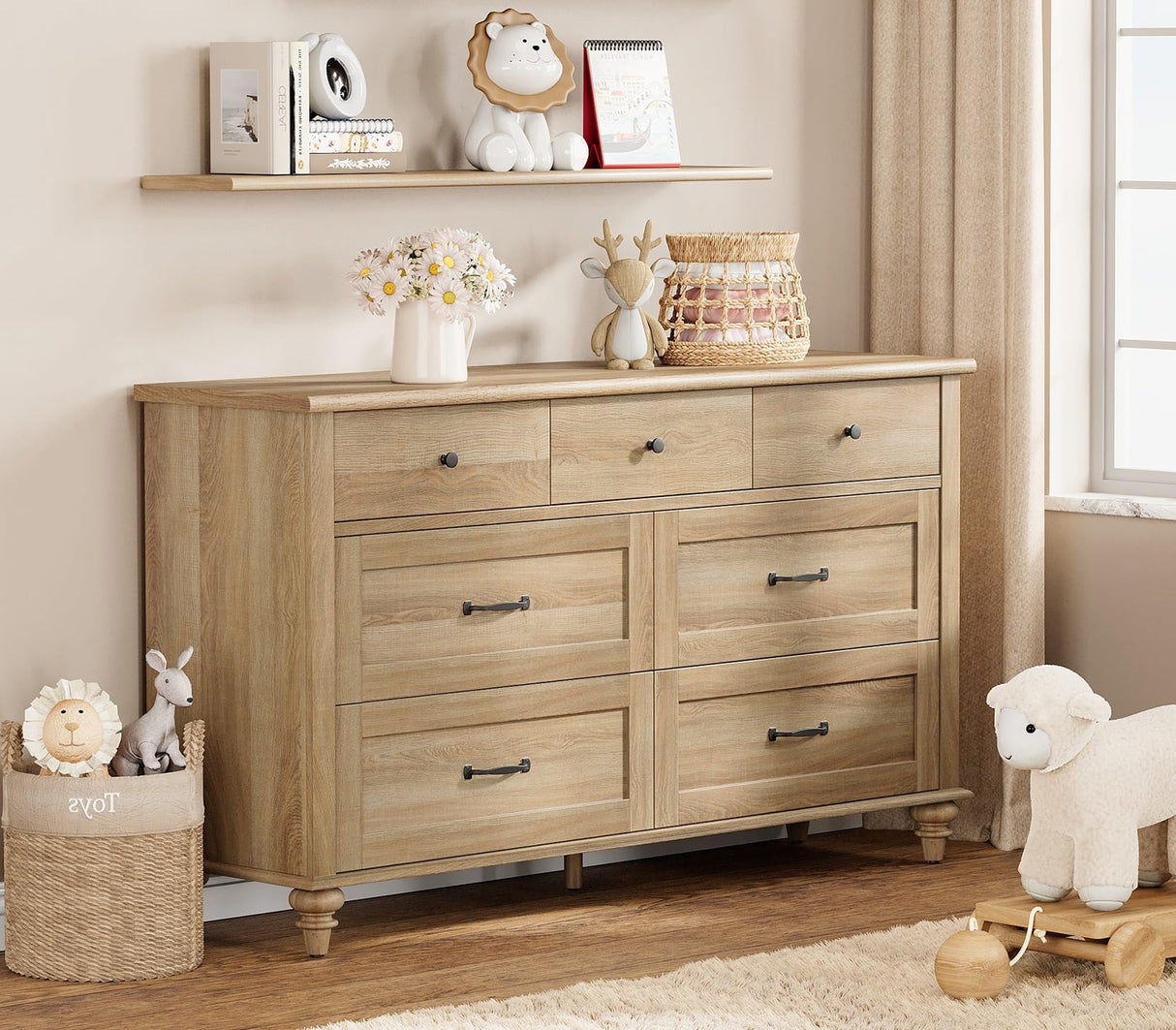 WAMPAT Kids Dresser with 7 Drawers for Bedroom, Wide Baby Dresser for Nursery & Kids Room, Farmhouse Chests & Dressers, Wooden Dresser Closet Organizer for Children’s Bedroom, 54 Inch, Oak WAMPAT