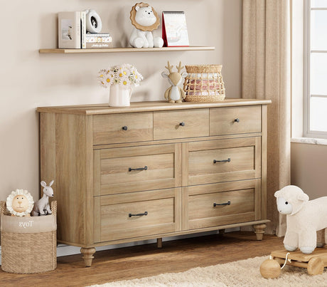 WAMPAT Kids Dresser with 7 Drawers for Bedroom, Wide Baby Dresser for Nursery & Kids Room, Farmhouse Chests & Dressers, Wooden Dresser Closet Organizer for Children’s Bedroom, 54 Inch, Oak WAMPAT