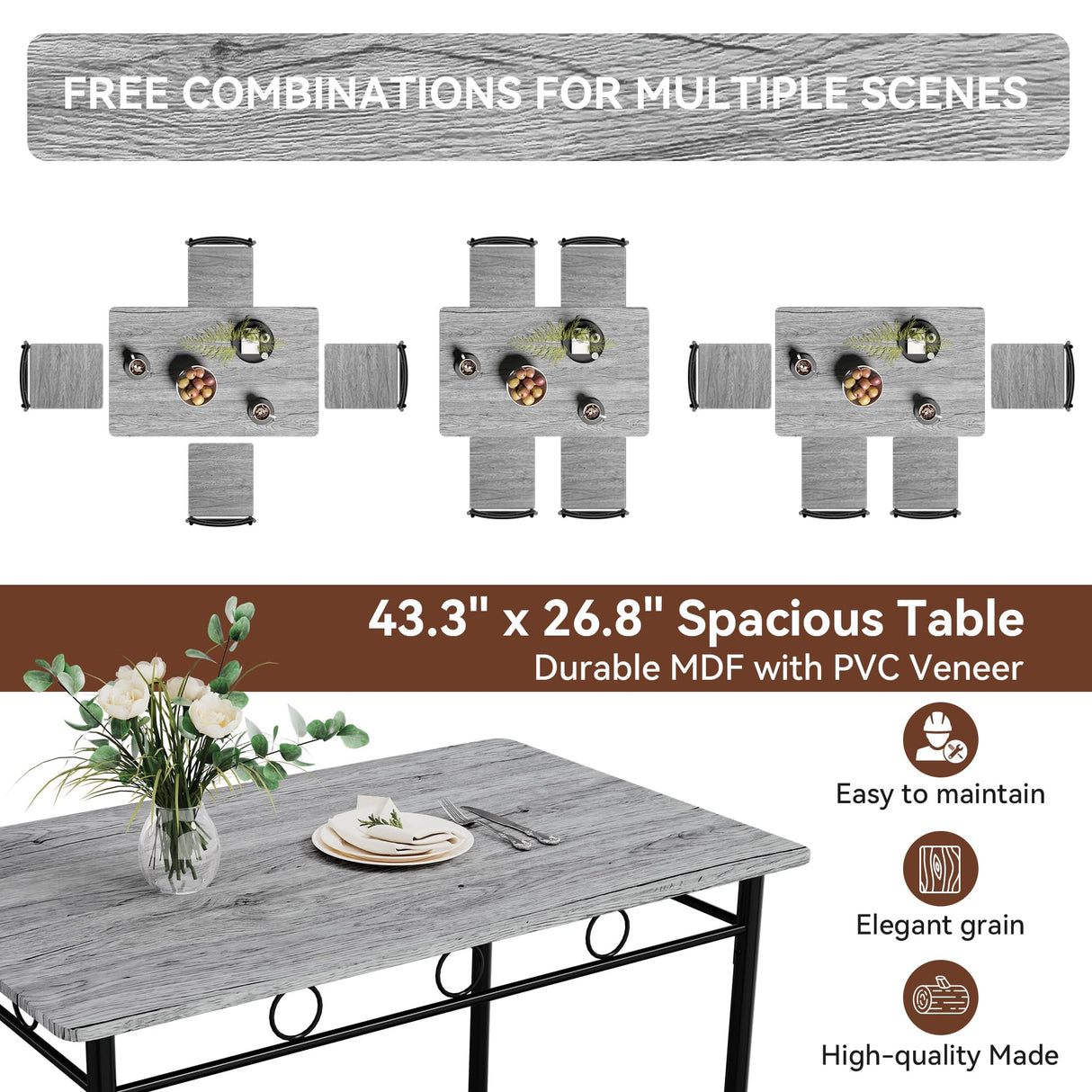 Vipbear Kitchen Dining Table Set for 4, 5-Piece Kitchen Table Set,Dining Room Table Sets,Rectangular Kitchen Table Set with 4 Chairs for Small Space, Dinette,Apartment,Rustic Grey Vipbear