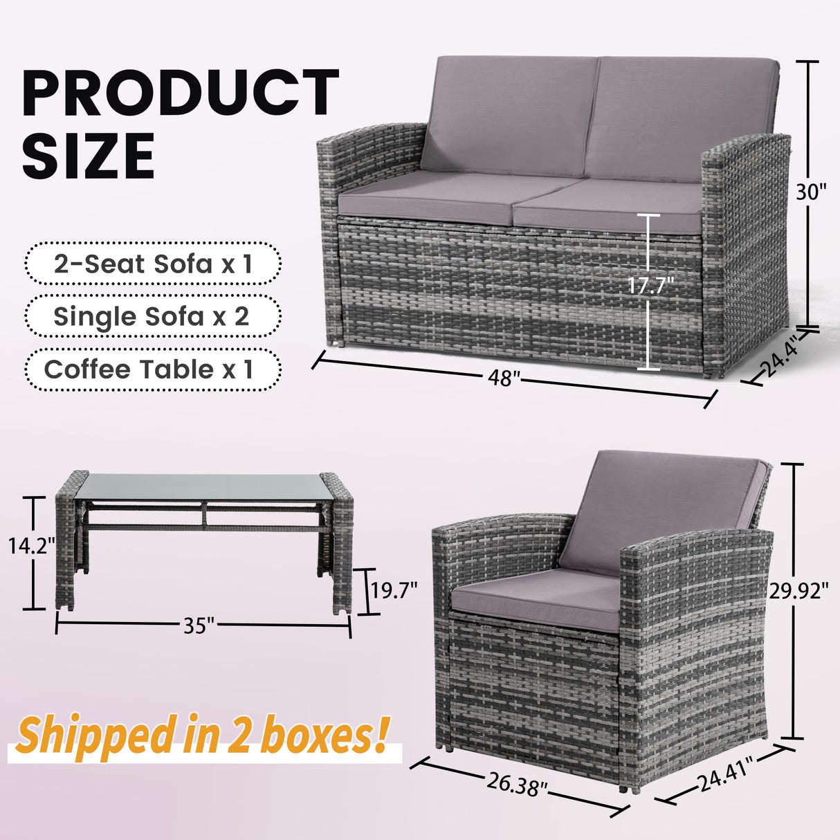 KROFEM 4 Pieces Patio Conversation Set, Outside Rattan Sectional Sofa, Cushioned Furniture Set, Wicker Sofa Ideal for Garden, Porch, Backyard, Grey Color Rattan and Light Grey Cushion KROFEM