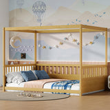 Full Size Canopy Bed Frame with 4 Posters and Guardrails, Full Size Montessori Floor Bed with High Fence, Natural Bellemave
