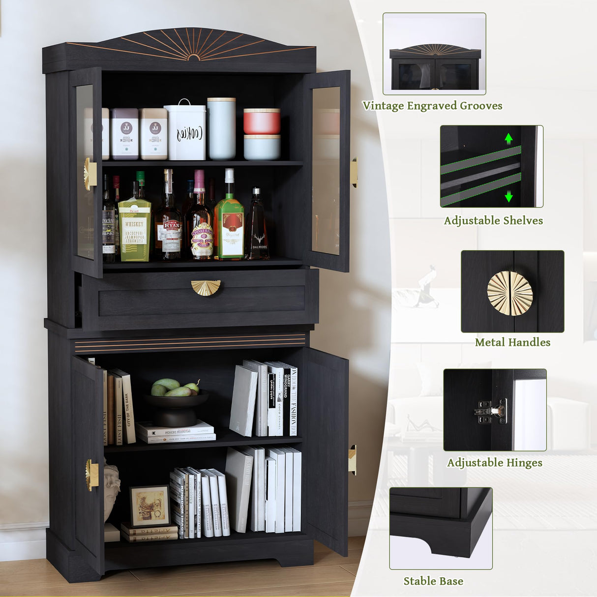 Janmer Home 67" Tall Kitchen Storage Cabinet, Farmhouse Pantry Cabinet with Doors, Drawer and Adjustable Shelves, Freestanding Cupboard Wood Pantry for Kitchen, Dining Room Bathroom (Retro, Black) Janmer Home