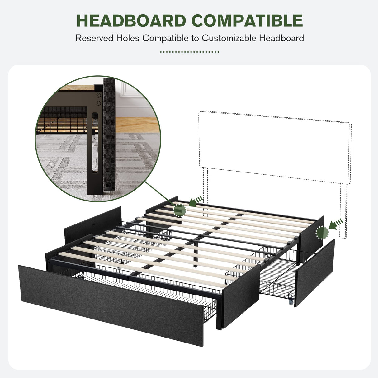 IMUsee Queen Bed Frame with Storage, 3 Large Drawers on Wheels, Fabric Upholstered Platform Bed, No Box Spring Needed, Wood Slats Support, Easy Assembly, Dark Grey IMUsee