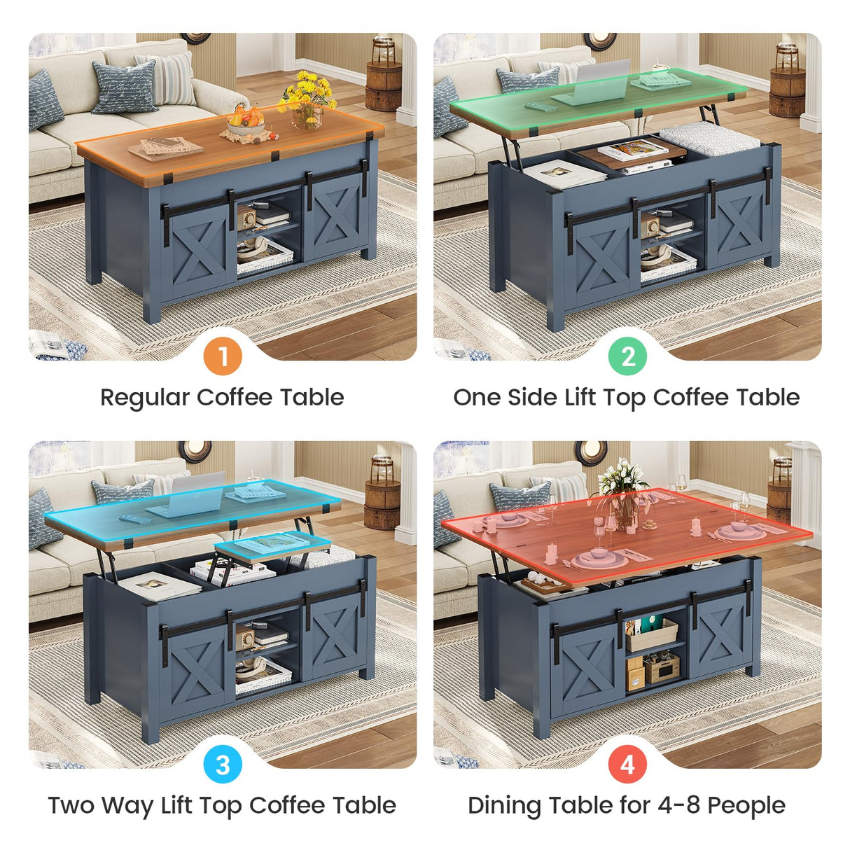 SEDETA Lift Top Coffee Table, 4 in 1 Multi-Function Convertible Coffee Tables with Storage and Hidden Compartment, Farmhouse Coffee Table Converts to Dining Table for Living Room, Blue SEDETA