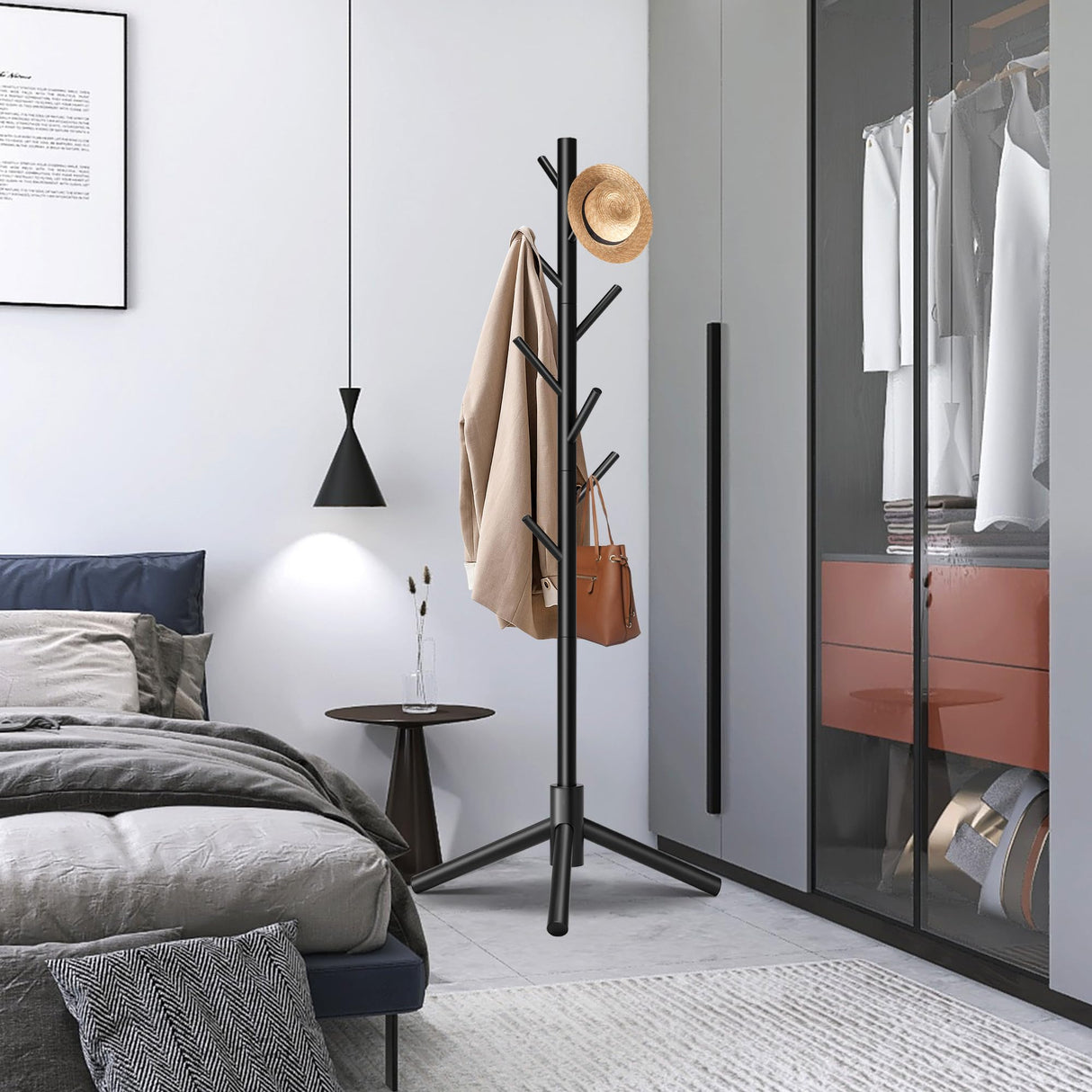 Unisakey Durable Wooden Coat Rack Stand(New Black), Freestanding Coat Rack with Stable Triangular Base, 8 Hooks & 3 Adjustable Heights, Simple Assembly for Bedroom, Hallway, Office Unisakey
