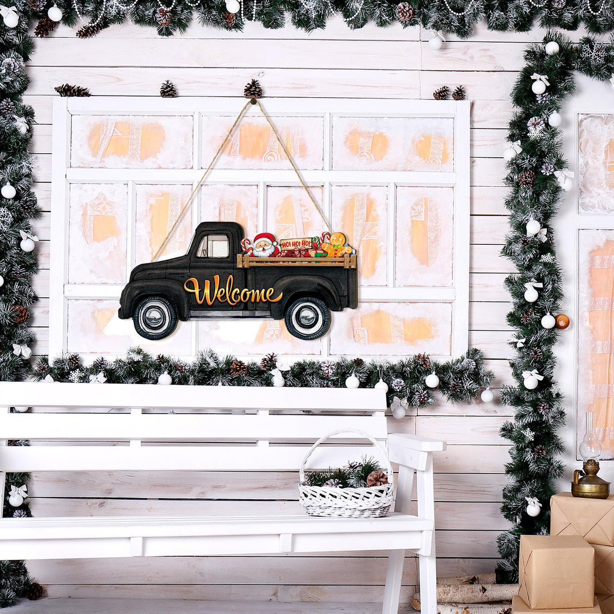 Ferraycle Interchangeable Welcome Sign Christmas Truck Decor Seasonal Door Signs with 12 Holiday Icons Rustic Farmhouse Interchangeable Holiday Decor for Christmas All Seasons(Black) Ferraycle