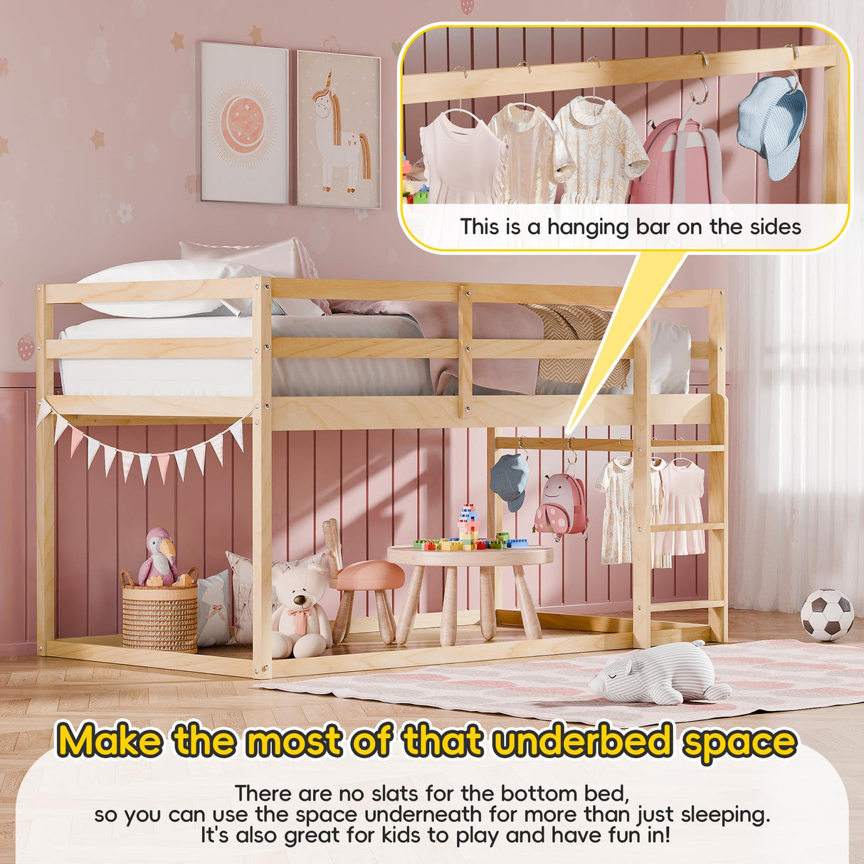 Xilingol Low Bunk Bed for Kids, Floor Bunk Bed Twin Over Twin, Wooden Bunk Bed Frame with Full Guardrails, Twin Bunk Bed for Bedroom, Dorm (Natural) Xilingol