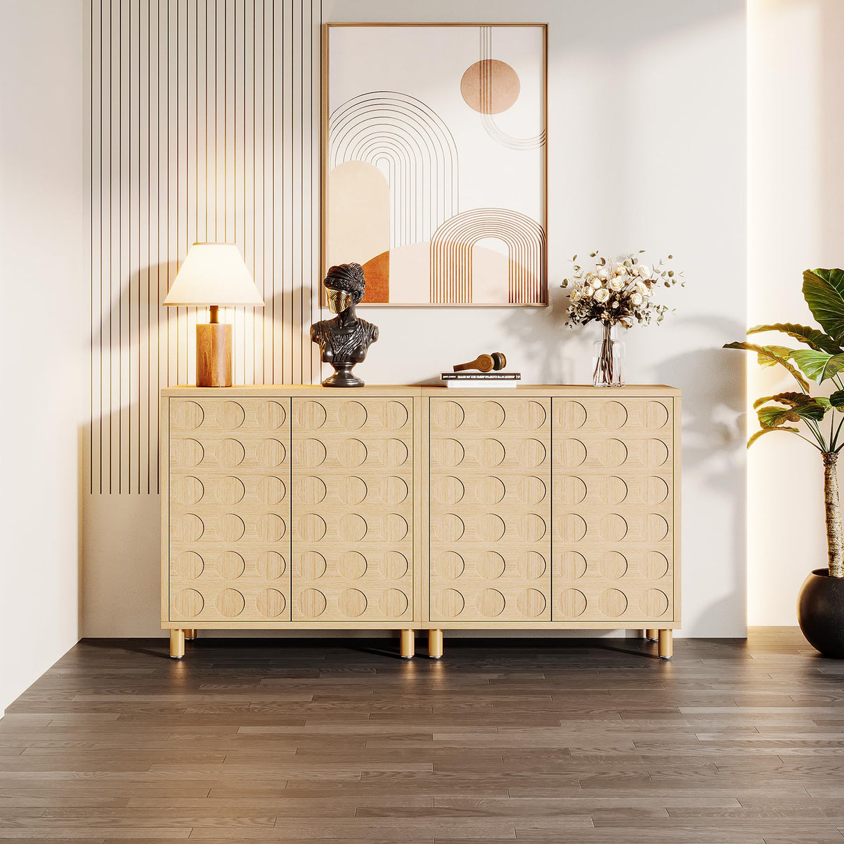 Tribesigns Buffet Sideboard Set of 2, 57-Inch Large Buffet Cabinet with Storage and 4 Doors, Modern Credenzas Coffee Console Accent Cabinet for Entryway, Kitchen, Living Room, Natural Tribesigns