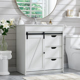 30" Farmhouse Bathroom Vanity with Sink, Bathroom Vanity w/Sliding Barn Door, Modern Bathroom Cabinet w/3 Drawers & Adjustable Shelves,Floor Standing Bathroom Vanity w/Metal Handle, White Aitjunz