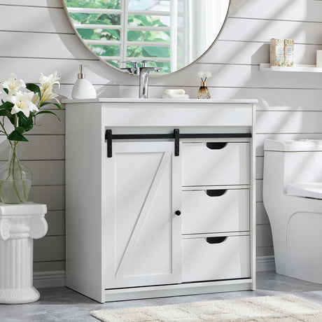 30" Farmhouse Bathroom Vanity with Sink, Bathroom Vanity w/Sliding Barn Door, Modern Bathroom Cabinet w/3 Drawers & Adjustable Shelves,Floor Standing Bathroom Vanity w/Metal Handle, White Aitjunz