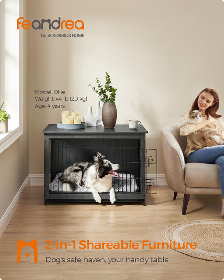 Feandrea Dog Crate Furniture, Side End Table, Modern Kennel for Dogs Indoor up to 70 lb, Heavy-Duty Dog Cage with Multi-Purpose Removable Tray, Double-Door Dog House, Ink Black UPFC003B01 Feandrea