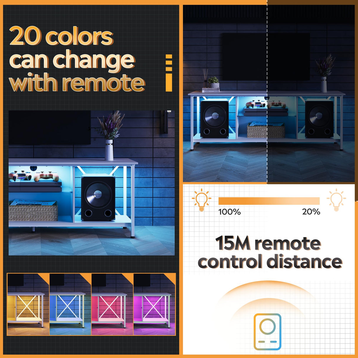 WLIVE TV Stand up to 65 Inch TV, 55" Entertainment Center with LED, Industrial TV Console with Glass Shelf for Living Room and Bedroom, White WLIVE