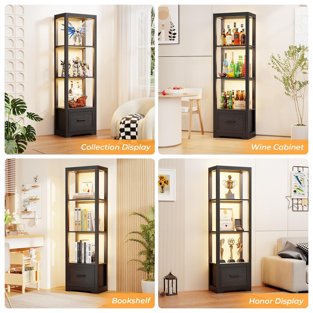 BROTTAR Display Shelf with 3 Color Light, Bookshelf with Drawer, Dimmable LED Floor Lamp with Shelves, Display Case, Display Standing Shelf Unit for Bedroom, Living Room, Black BROTTAR