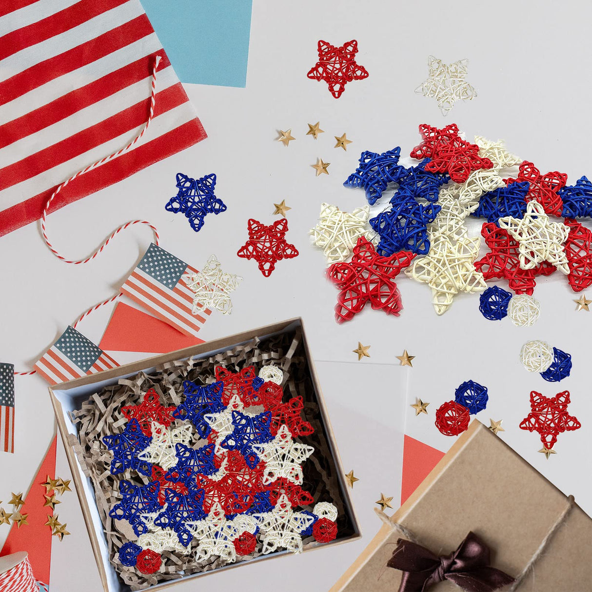 OZIO-US 24 Pcs 4th of July Star Rattan Balls Decoration, Red Blue White Stars for 4th of July Independence Day Home Decor DIY Vase Bowl Filler Ornament Table Decoration OZIO-US