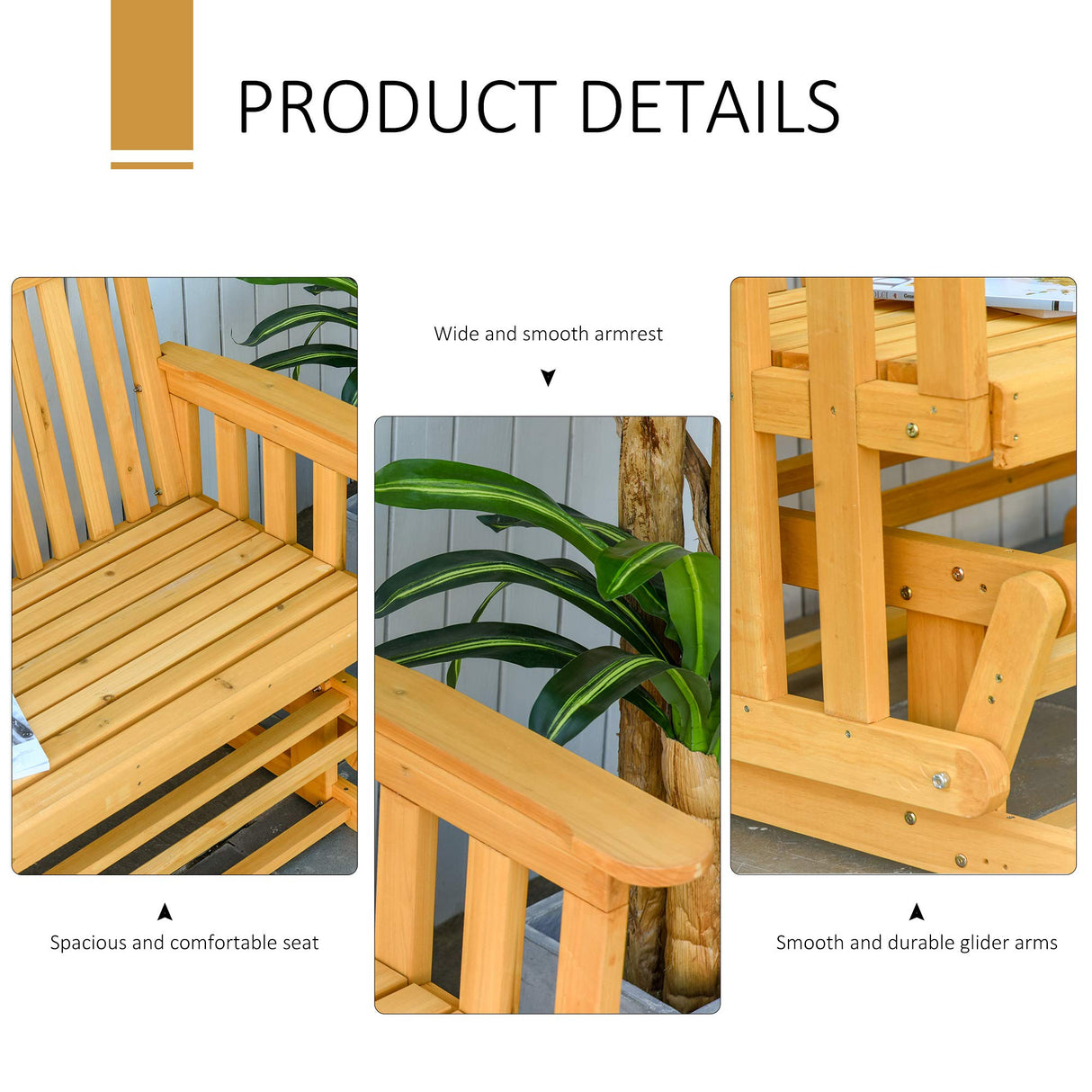 Outsunny 2-Person Patio Swing Glider Bench with Quick Drying Design and Wide Armrest, Wood Rocking Chair Loveseat for Backyard Garden Porch, Natural Outsunny