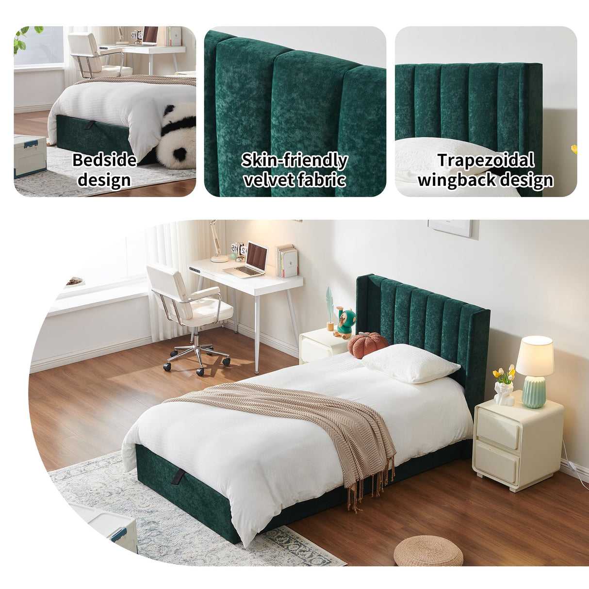 YUHUASHI Queen Size Hydraulic Storage Bed, Upholstered Platform Bed Frame, Modern Wingback Design Headboard, Velvet Fabric with Hydraulic Support Bars, No Box Spring Required (Ink Green, Twin) YUHUASHI
