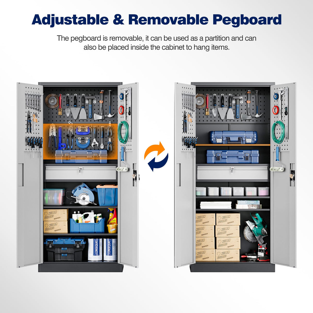 Yizosh Metal Garage Storage Cabinet with Locking Doors and Drawers, Heavy Duty Steel Tool Cabinet with Pegboard, 71" - Lockable Cabinets for Garage, Warehouse, Basement (Black Gray) Yizosh