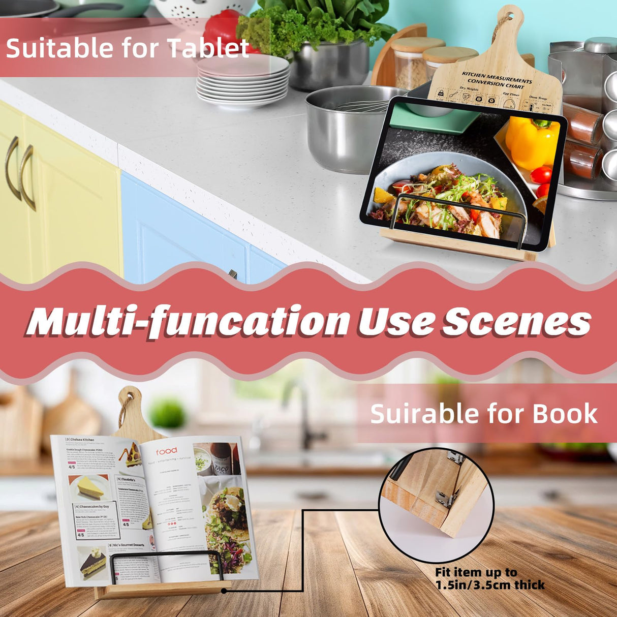 Funistree Kitchen Conversion Chart Cookbook Stand, Sturdy Wood Cook Book Holder, Recipe Cookbook Holder Stand with Kitchen Counters, Kitchen Baking Gifts for Women, Accessiores for Holding Cookbook Funistree