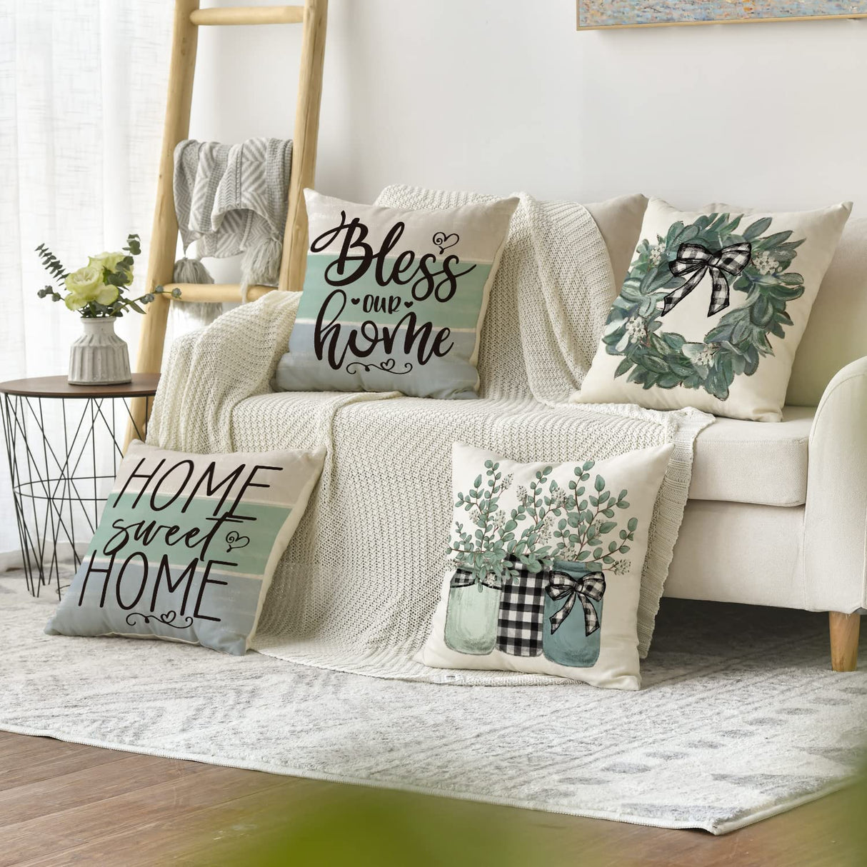 AVOIN colorlife Fall Sweet Home Eucalyptus Lamb Ear Wreath Throw Pillow Covers, 18 x 18 Inch Bless Our Home Buffalo Plaid Cushion Case for Sofa Couch Set of 4 AVOIN colorlife