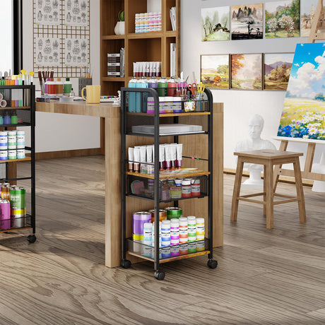 5-Tier Metal Rolling Utility Cart with Drawer, Craft Storage Cart with DIY Divider and Lockable Wheel, Versatile Paint Brush Holder & Paint Organizer & Craft Organizers and Storage for Drawing Room Simple Serenity