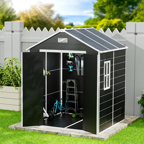 6x6 FT Plastic Shed, Resin Outdoor Storage Shed, Garden Tool Sheds Weatherproof for Store Patio Furniture, Garden Tools Bike Accessories, Beach Chairs and Lawn Mower, Black Anranni