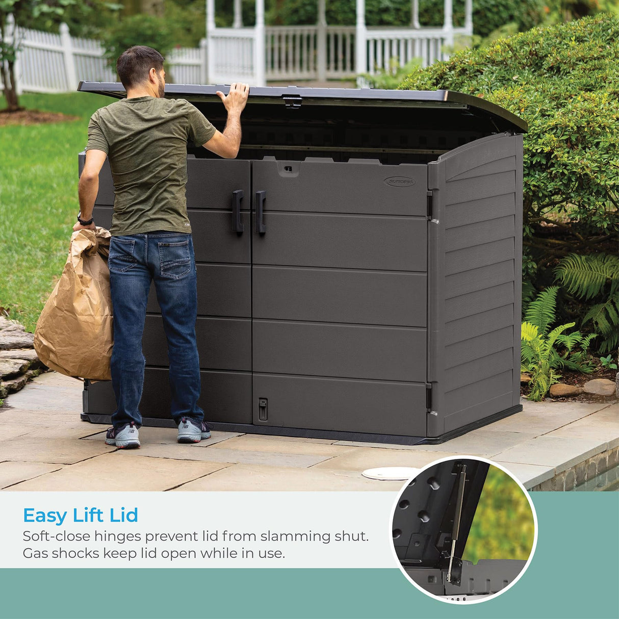 Suncast 70 Cu Ft Stow-Away Horizontal Outdoor Shed - Small Outdoor Storage Shed, Lockable & Weatherproof Resin Plastic, Fits Two 96-Gallon Trash Cans, Bikes, Lawn Mowers, or Garden Tools, Peppercorn Suncast