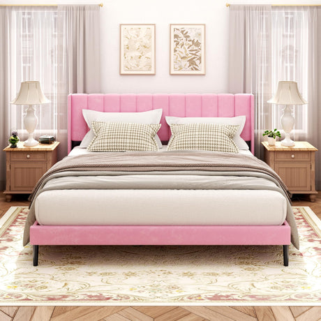 Sismplly King Size Bed Frame and Headboard,Vertical Channel Tufted Wingback No Box Spring Needed, Mattress Foundation, Easy Assembly Pink Sismplly