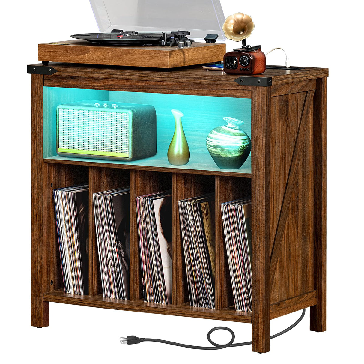 Joaxswe Large Record Player Stand with Charging Station & LED Lights, Vinyl Records Storage Holder Cabinet Holds up to 230 Albums, Turntable Stand for Music Room, Bedroom, Living Room, Office (Brown) Joaxswe