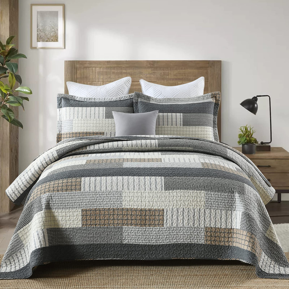 DUOHONG Quilts King Size, King Quilt Bedding Set Bedspread, 100% Cotton Patchwork Quilt for King Bed, 3 Pieces Plaid Farmhouse Reversible Lightweight Comforter Bed Spread, Grey/Tan/Black DUOHONG