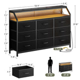 KKL Dresser for Bedroom with LED Lights, 9 Drawer Bedroom Dresser with Charging Station, Fabric Dressers & Storage Chest of Drawers with Shelves for Closet, Sturdy Steel Frame Wooden Top, Black KKL
