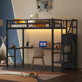 RuiSiSi Twin XL Metal Loft Bed with Wardrobe, L-shaped Desk, USB Charging, and LED Lights - Black RuiSiSi