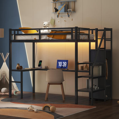 RuiSiSi Twin XL Metal Loft Bed with Wardrobe, L-shaped Desk, USB Charging, and LED Lights - Black - WoodArtSupply